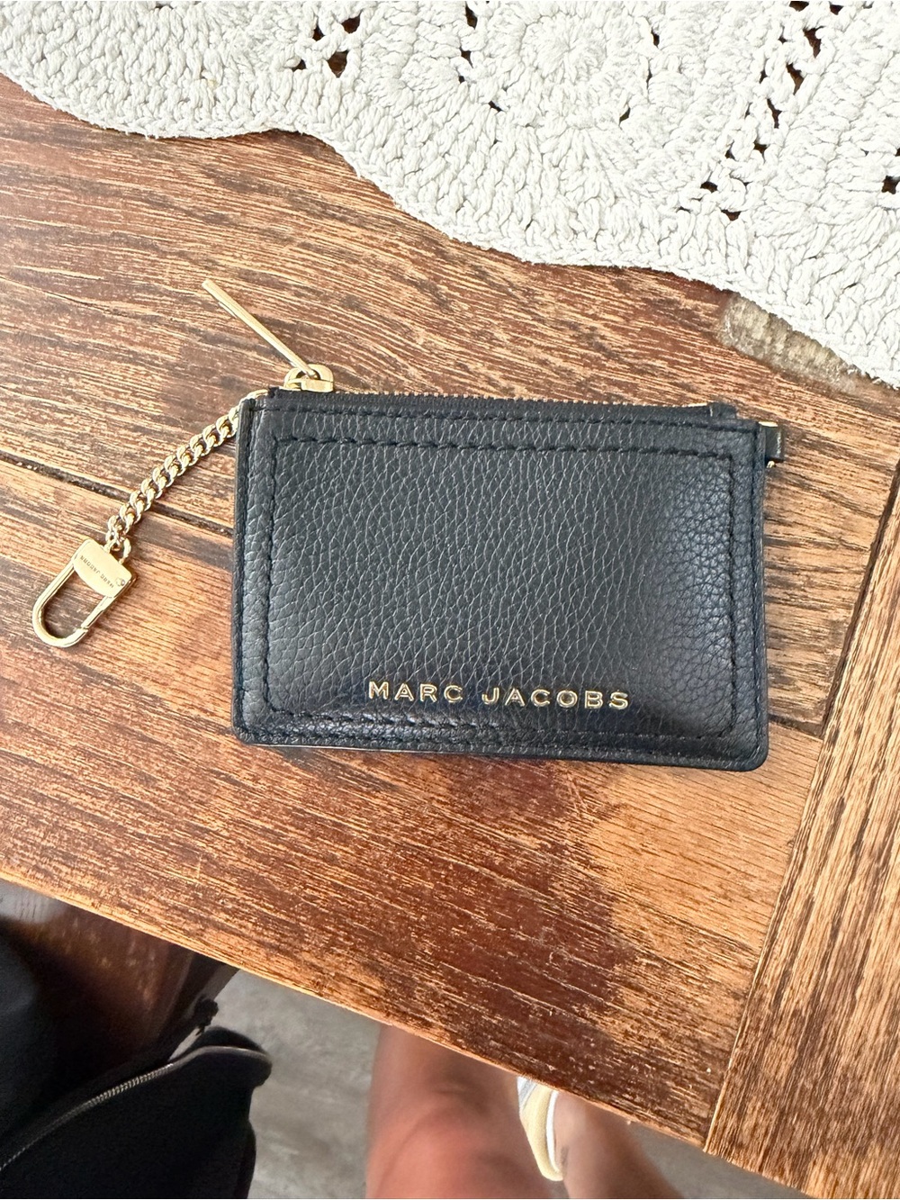 Marc Jacobs Black Pebbled Leather Card Case with Gold Chain Accent